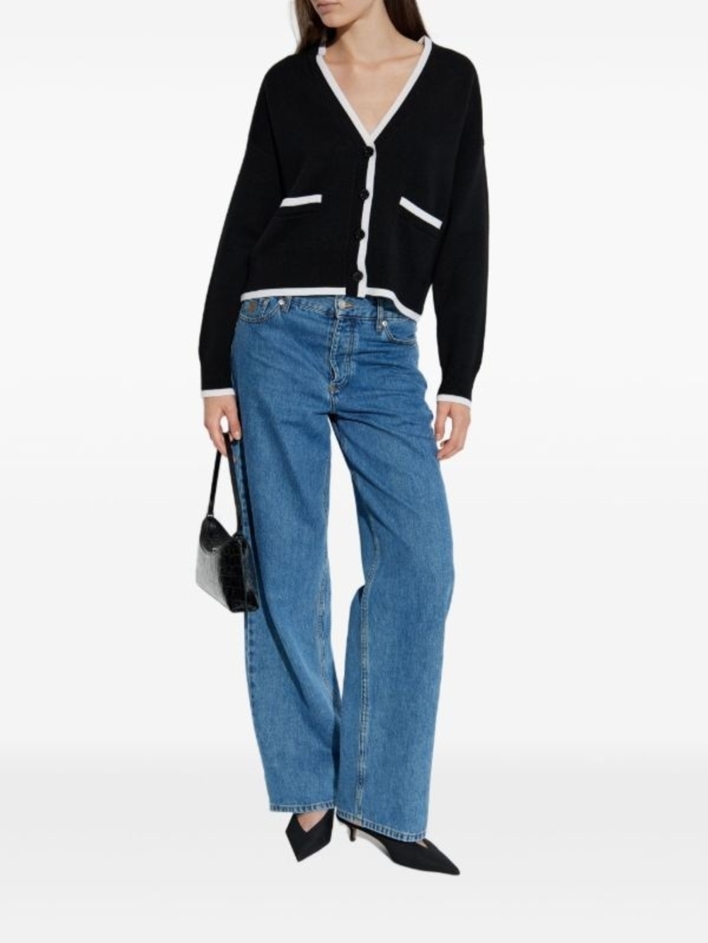 Black & White Trim Women’s V-Neck Button Cardigan Sweater